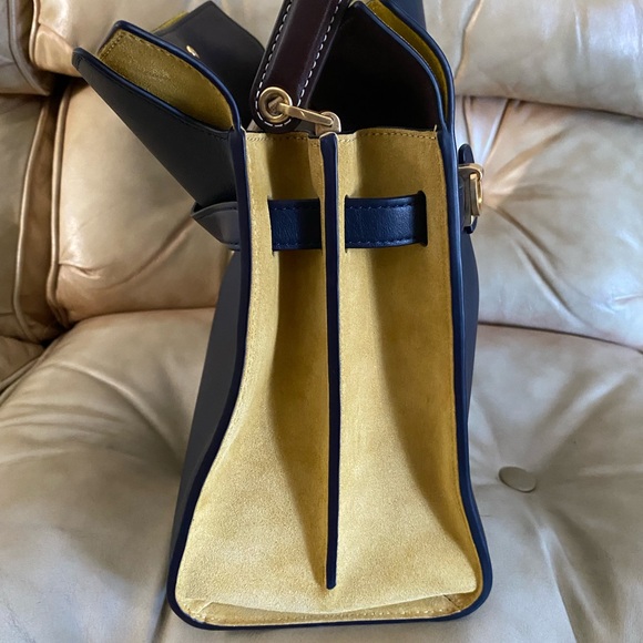 LARGE Tory Burch Lee Radziwill Double Bag Leather Suede Navy Yellow NO STRAP! - Picture 6 of 16